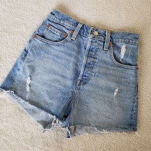 Levi's Light wash Distressed Denim Ribcage Button Up Super Highwaisted Shorts